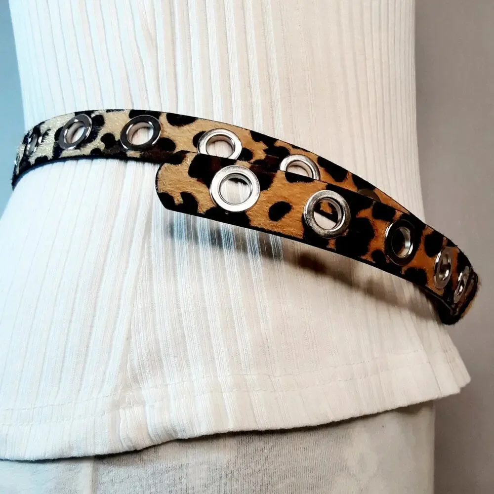 Womens Leopard Print Hairy Faux Leather Belt Size Large Big Grommets
